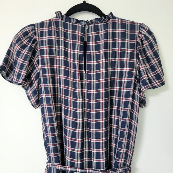 LOFT Plaid Ruffle Tie-Waist Dress Navy Red Plaid with Pockets Americana - Picture 8 of 12